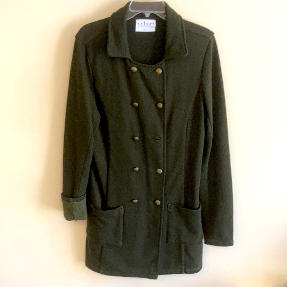 Green double breasted heavy knit pea coat.